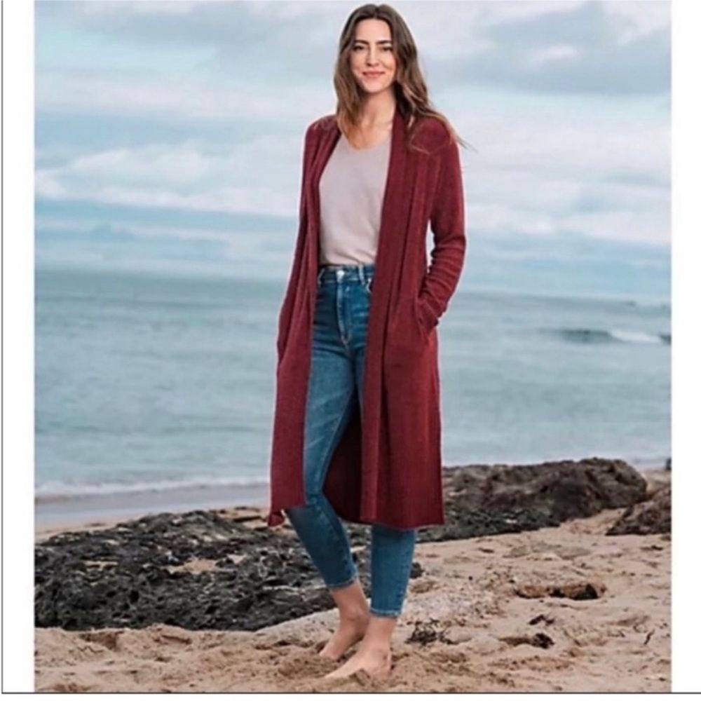 Barefoot Dreams CozyChic Lite Long Duster Cardigan Burgundy Petite 1X
